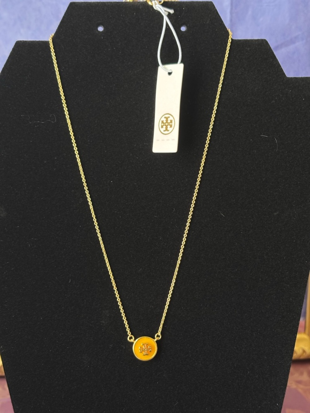 Tory Burch gold necklace enamel yellow logo